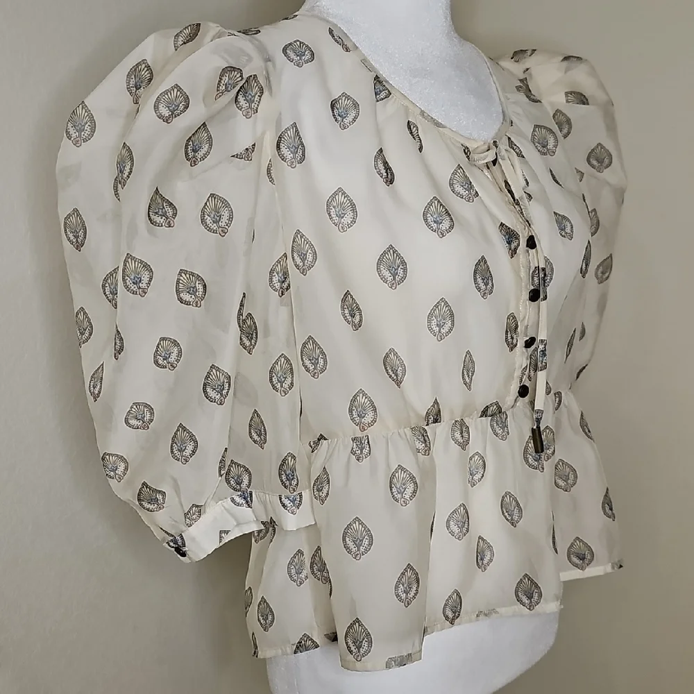 Anthropologie Sheer Puff Sleeve Leaf Print Blouse Women's Medium